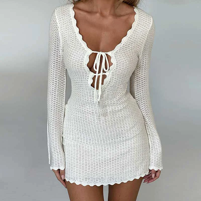 

Sexy Deep V Neck Long Sleeve Lace up Beach Mini Bodycon Dress Women's Crochet Swimwear Bathing Suit Knit Bikini Cover-ups