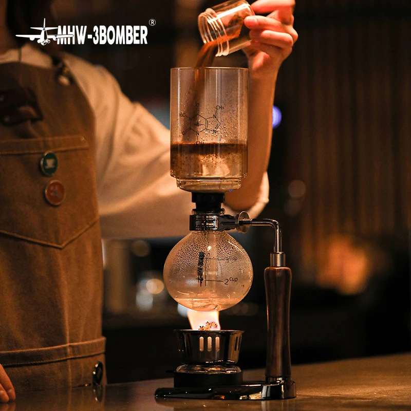 MHW-3BOMBER Siphon Coffee Maker with Wooden Handle,Vacuum Brewer Pot, Japanese Syphon Machine, 1-3Cups Glass Drip Coffee Maker