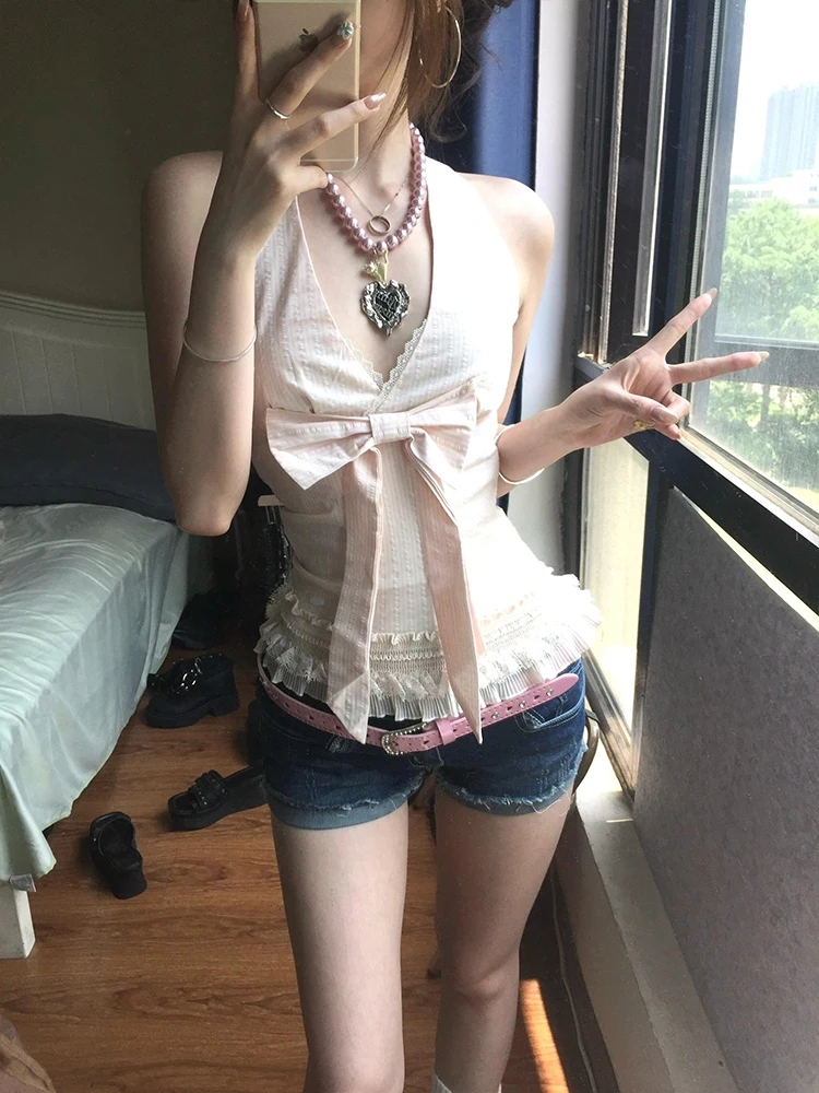 Pink V-Ne Hanging Ne Strap Vest Women Summer  Knot Svel Slimming Beautiful Ba Sexy Top Trendy Street Sle