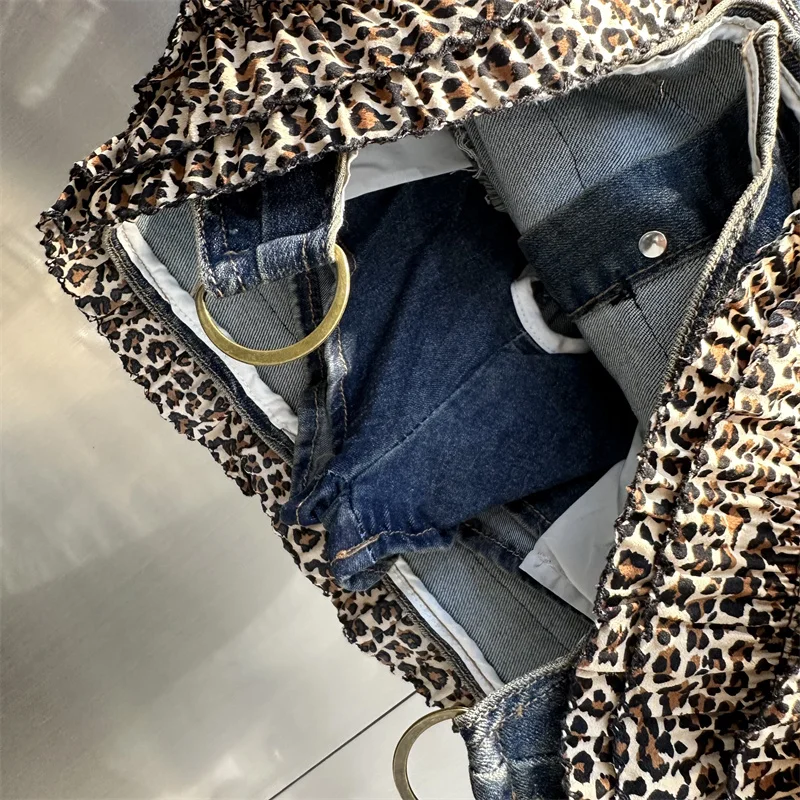Y2k Fur Splicing Denim Short Skirt Leopard Print High Waist A Line Tiered Skirt Spicy Girl Wrapped Hip Skirt Street Fashion