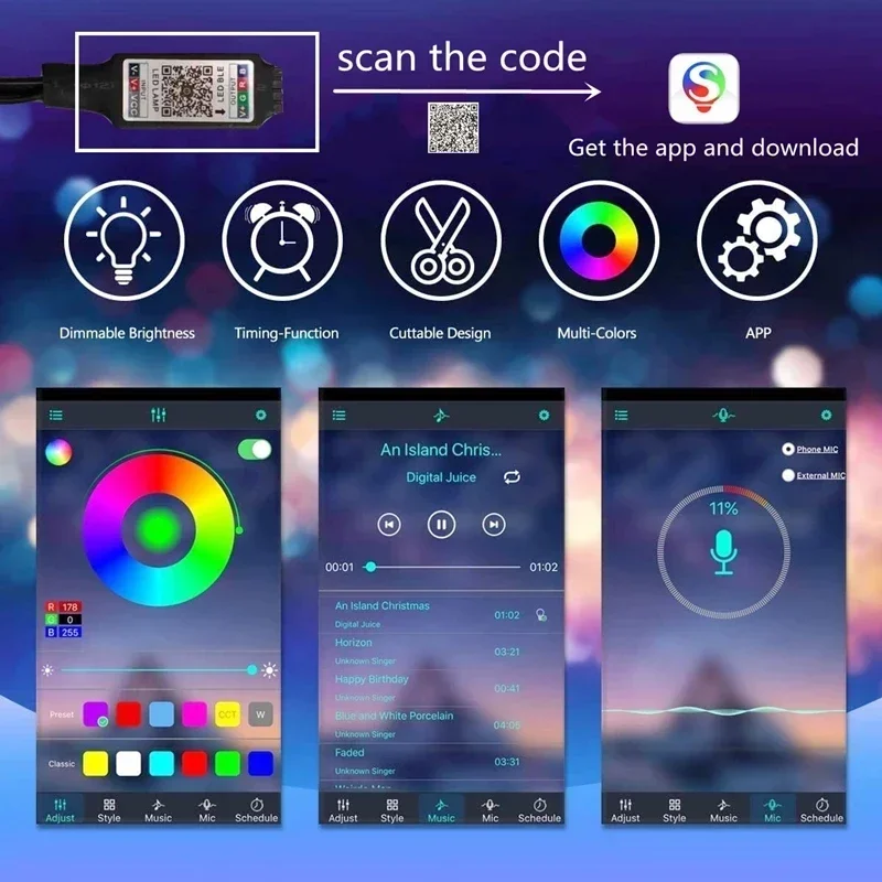 USB RGB LED Strip Kit 1-30M Music Sync WiFi App Control Mode Sound Activated with 44Key Remote DC5V Power for Party PC Decoratio