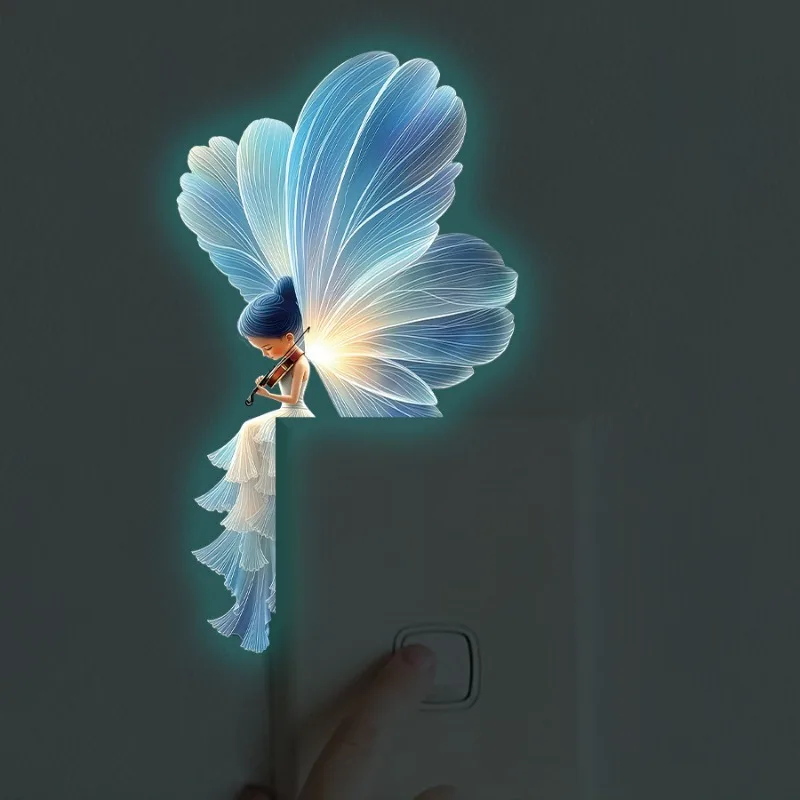 Aesthetic Luminous Elf Wall Sticker, Violin Playing Girl Ambience Light Switch Sticker, Decorative Wall Decals