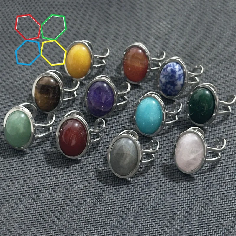 5pcs Oval Natural Stone Stainless Steel Rings Women Boho Green Red Agates Amethyst Open Reiki Healing Crystal Ring Jewelry