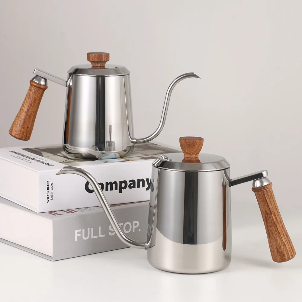 304 Stainless Steel Drip and Filter Type Fine Mouth Pot Swan Hand Flushing Pot Wooden Handle Fine Mouth Pot