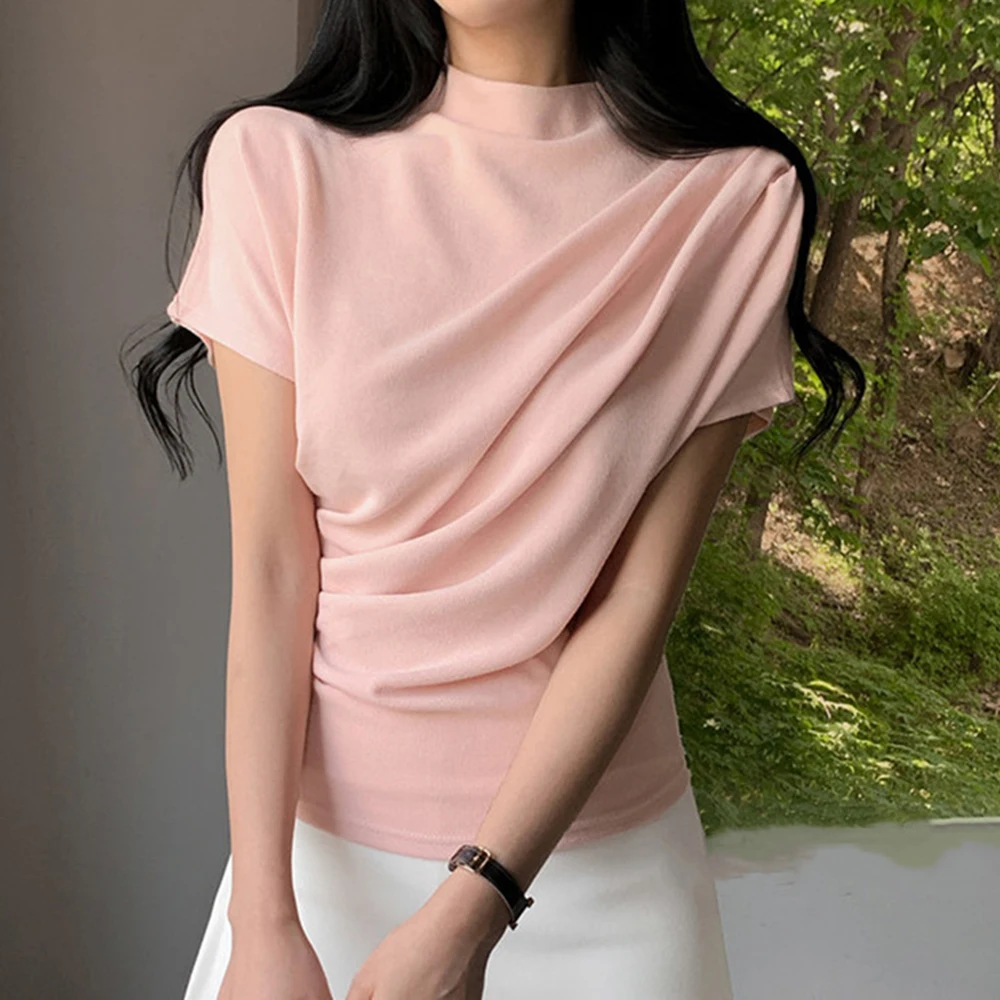 Solid Color Polyester Top for Women with Short Sleeves Half High Neck and Contemporary Irregular Finish for Summer