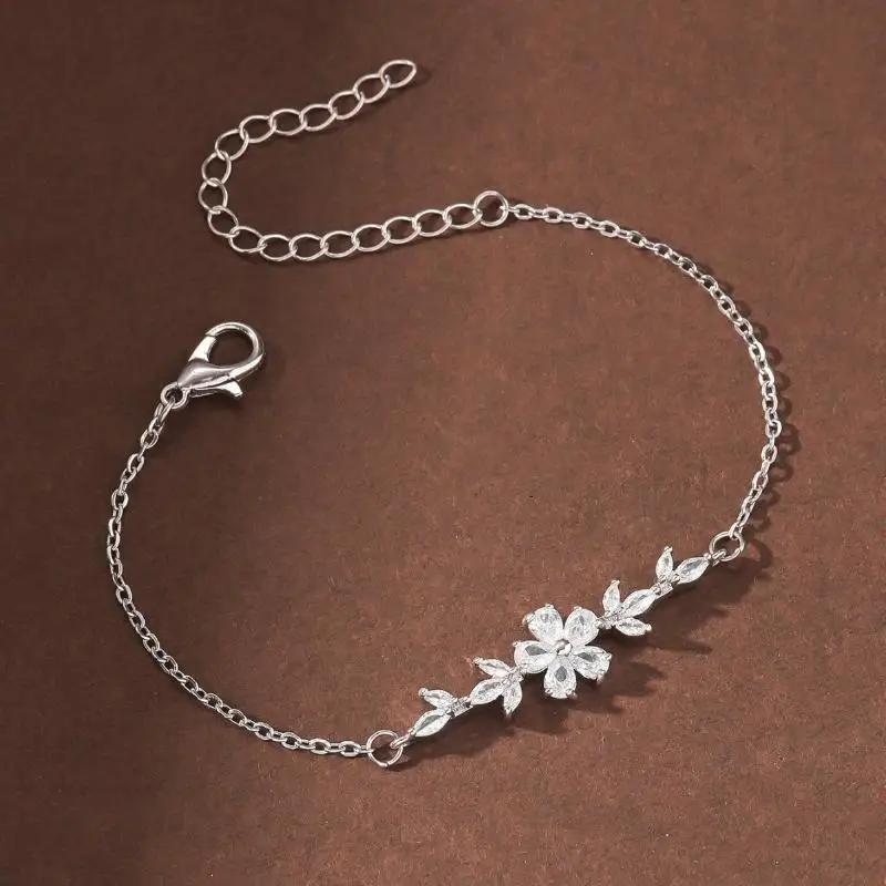 ZAKOL Romantic Zircon Flower Leaf Charm Bracelets For Women Korean Temperament Silver Color Bracelet Fashion Wear Gilrs Jewelry