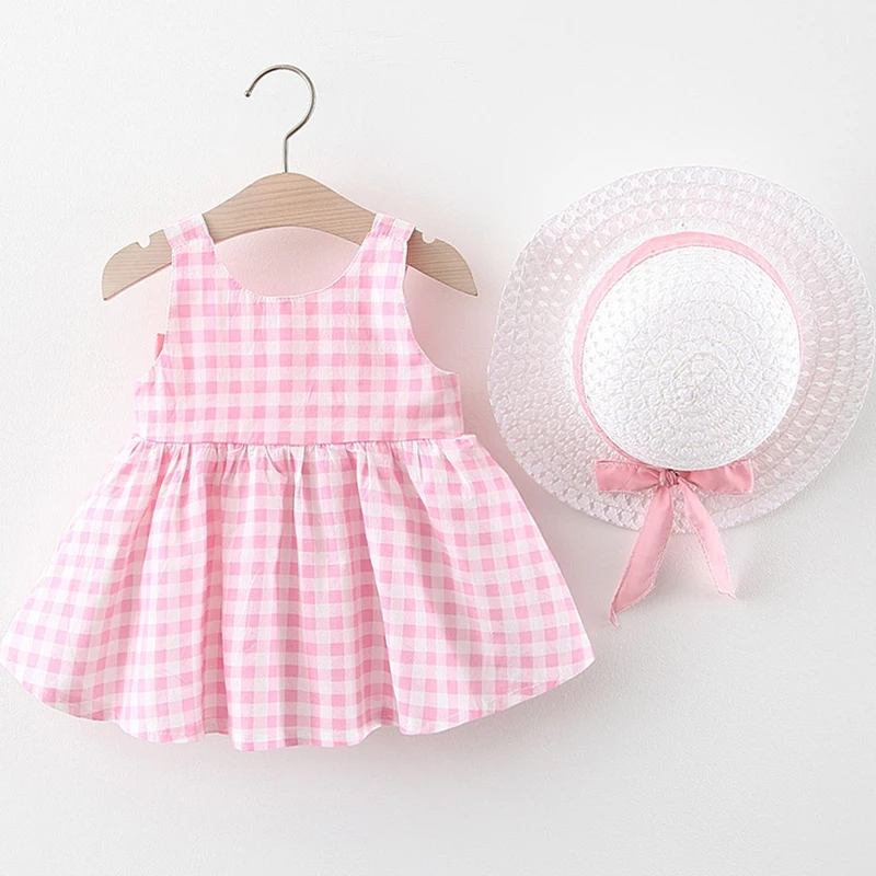 2Piece Summer Toddler Girls Dresses Korean Cute Plaid Sleeveless Cotton Big Bow Yellow Dress+Sunhat Newborn Baby Clothes BC003