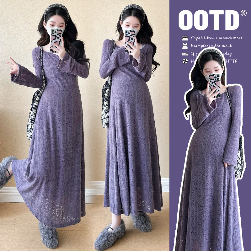 

2025 Elegant Pregnancy Dress Set Autumn Long Sleeve Slip Dress Two Piece Outfit Sophisticated Chic Comfortable Maternity Wear