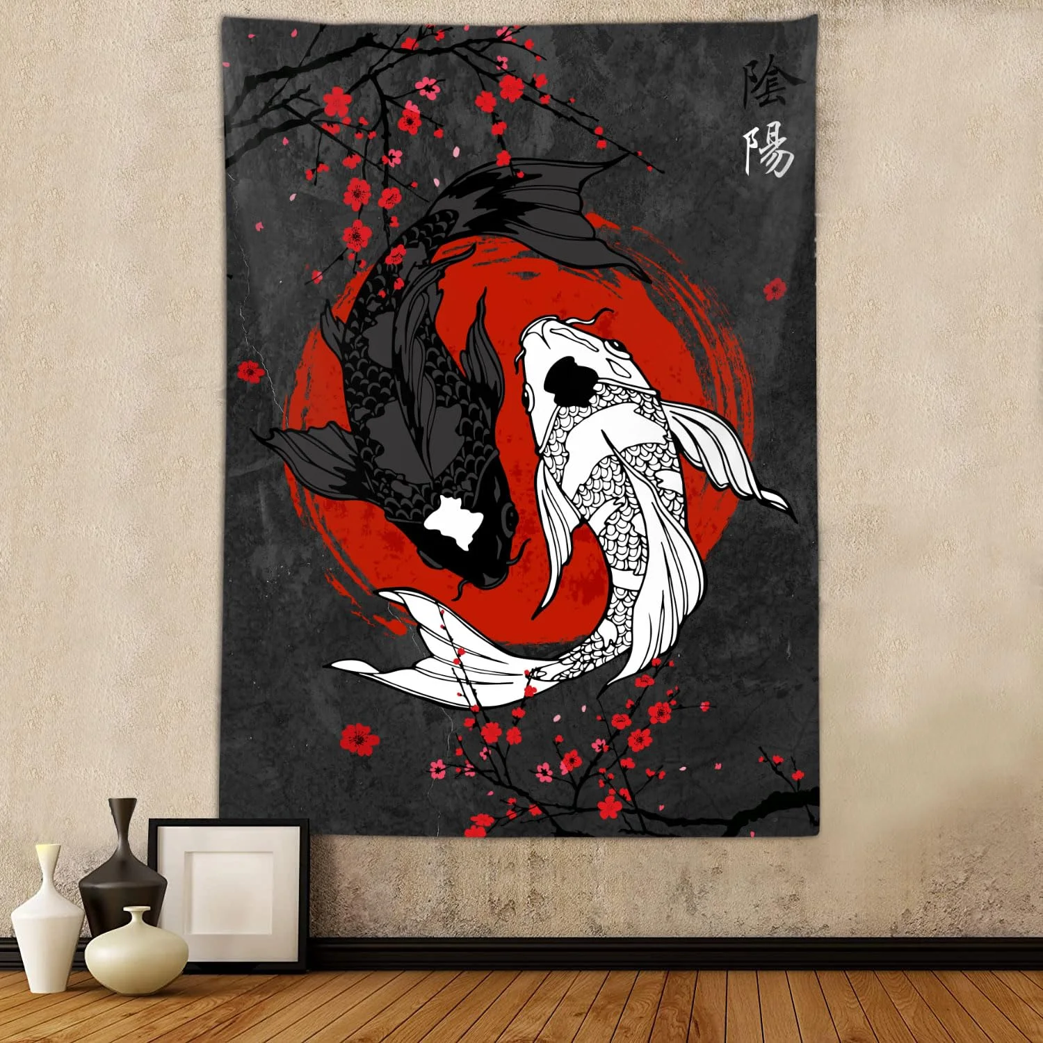 VIKAMA Japanese Yin-Yang Koi Carp Tapestry Cherry Blossom Art Bedroom Living Room Office Tapestry Home Decoration