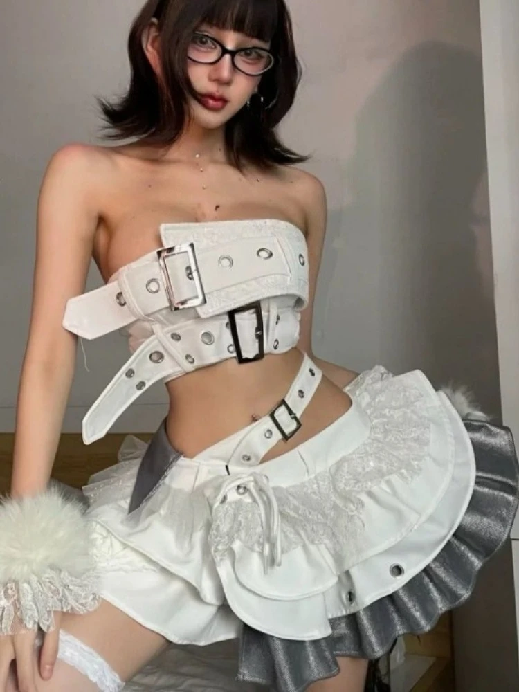 

Винтажный топ без бретелек American Spicy Girl для женщин + летние кружевные лоскутные юбки с высокой талией, новинка 2025 года, комплекты из двух предметов