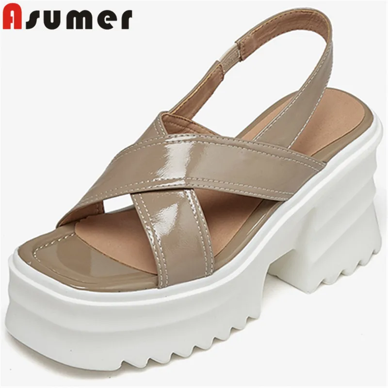 ASUMER 2022 New Modern Square High Heels Platfrom Sandals Solid Patent Leather Slip On Women Sandals Ladies Dress Shoes