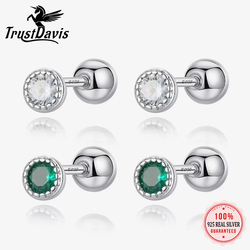 TrustDavis Real 925 Sterling Silver Round Colour CZ Screw Stud Earrings For Women Children Baby Girls Minimalist Jewelry DB1426