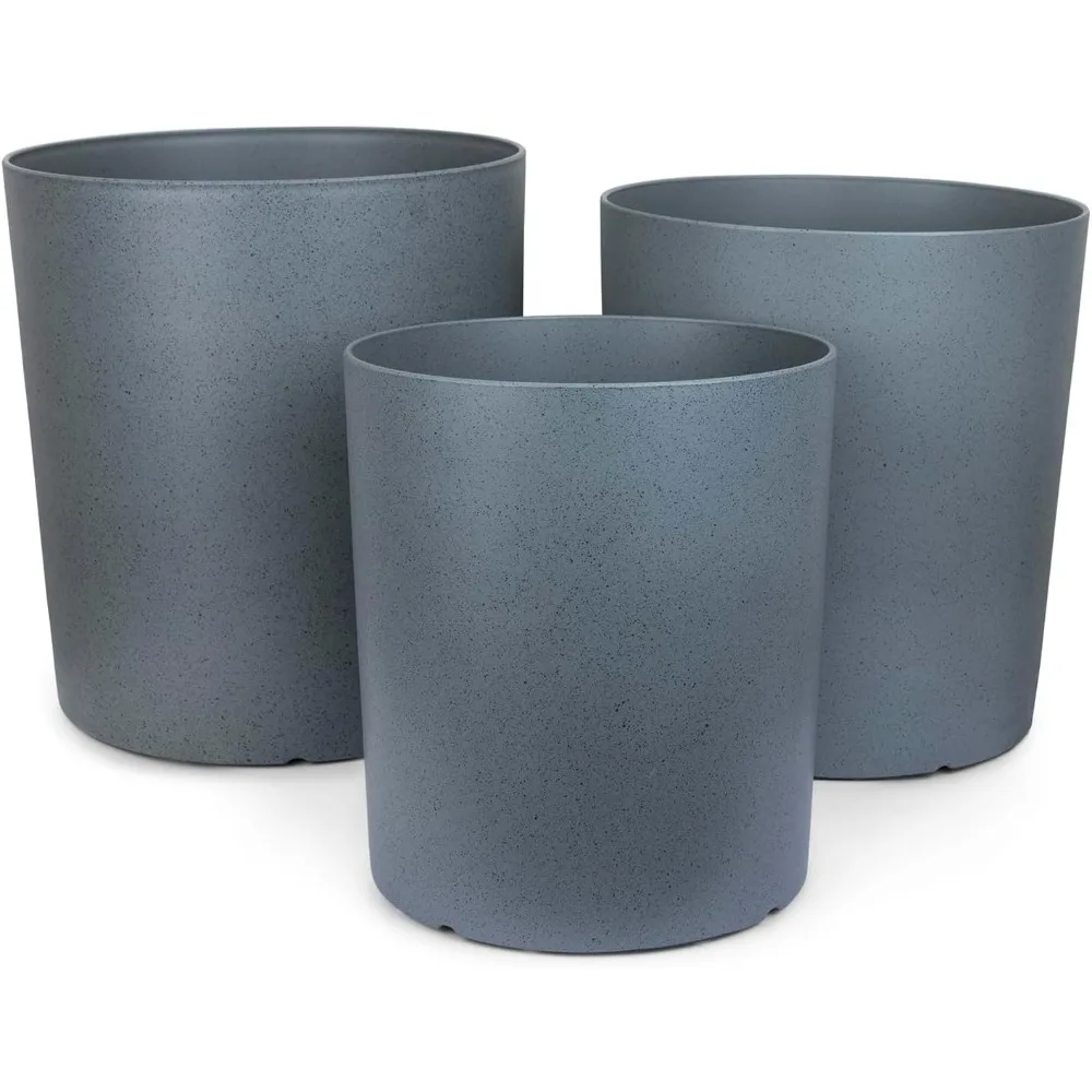 

RUBBER BOND 3-Pack Round Heavy Duty Plastic Planters - Tall Durable Indoor & Outdoor Plant Pots for Flowers, Herbs & Succulents