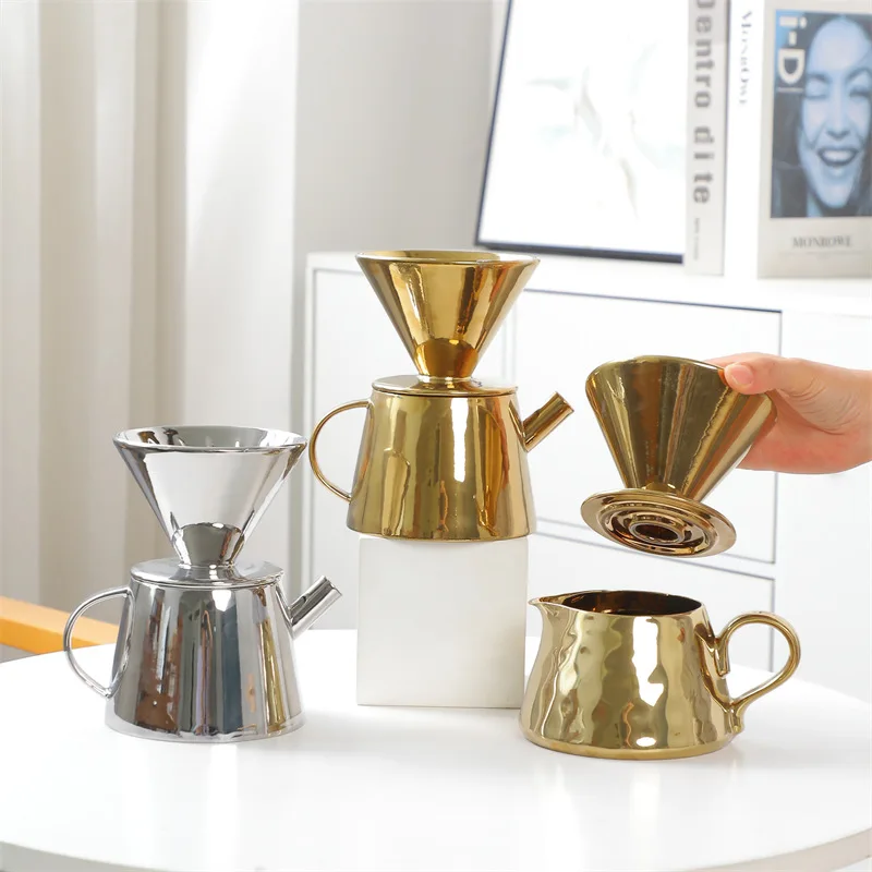 New Electroplating Coffee Utensils Ceramic Hand Brewed Coffee Pot V60 Filter Cup Sharing Pot Two-piece Set Funnel Coffee Brewer