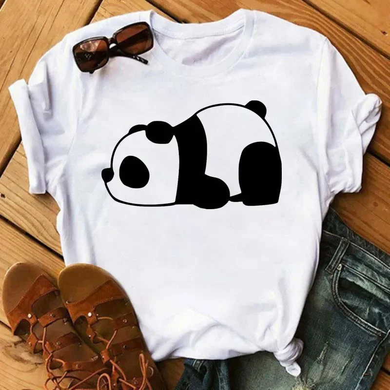 Women T Shirt Cartoon Panda Love Heart Print O-Neck T Shirt Female Summer Causal O-neck Short Sleeve Tops Tee