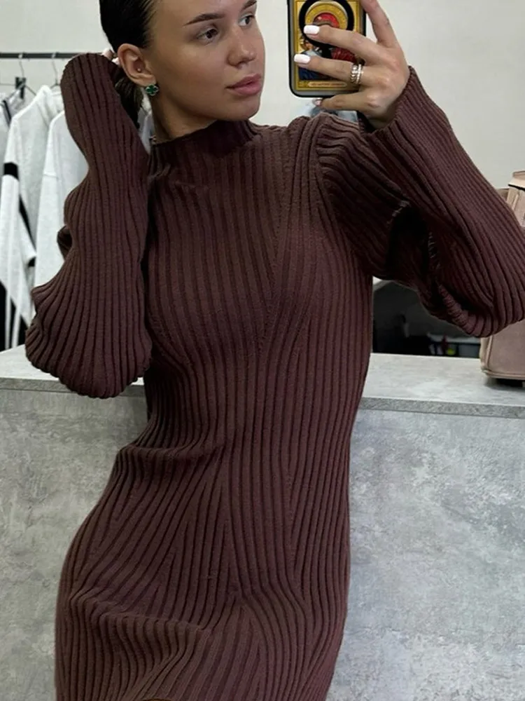 Women Solid Ribbed Pattern Knitted A-line Dress Women Fashion O-neck Flare Sleeve Mini Dresses Autumn Lady High Streetwear