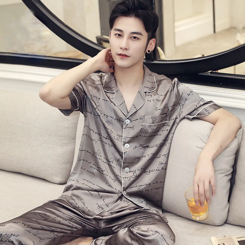 Pajamas Suit Men Spring Long Sleeved Thin Ice Silk Sleepwear Male Summer Satin Home Cloth PLus Size Loungwear Boy Youth Pyjamas