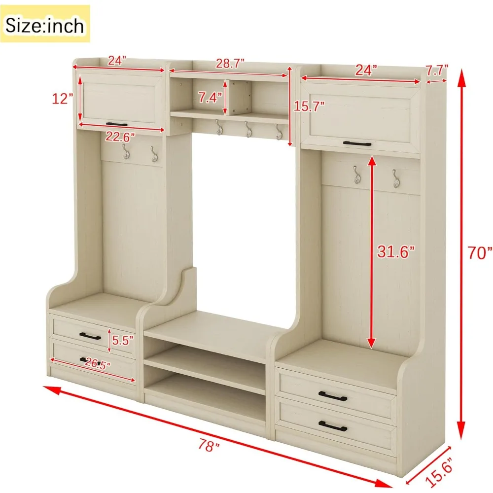 Shoe Cabinets with Storage Bench, 4 Drawers and 7 Hooks, Detachable Mudroom Organizer, Wide Hall Shoe Cabinets