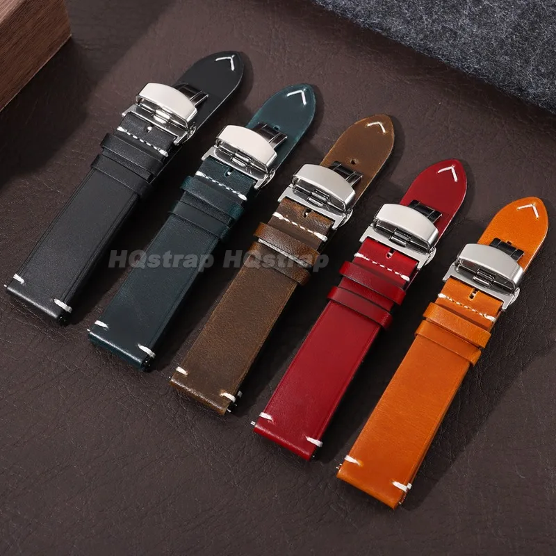 Genuine Smooth Cowhide Leather Watch Band 18/20/22/24mm Hand Stitched Replacement Strap Automatic Double Push Butterfly Clasp