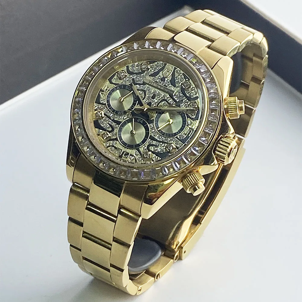 40MM Men's Fully Automatic Multi functional White Stone Diamond Shell Gold Mechanical Watch Machine ST6502 Folding Buckle