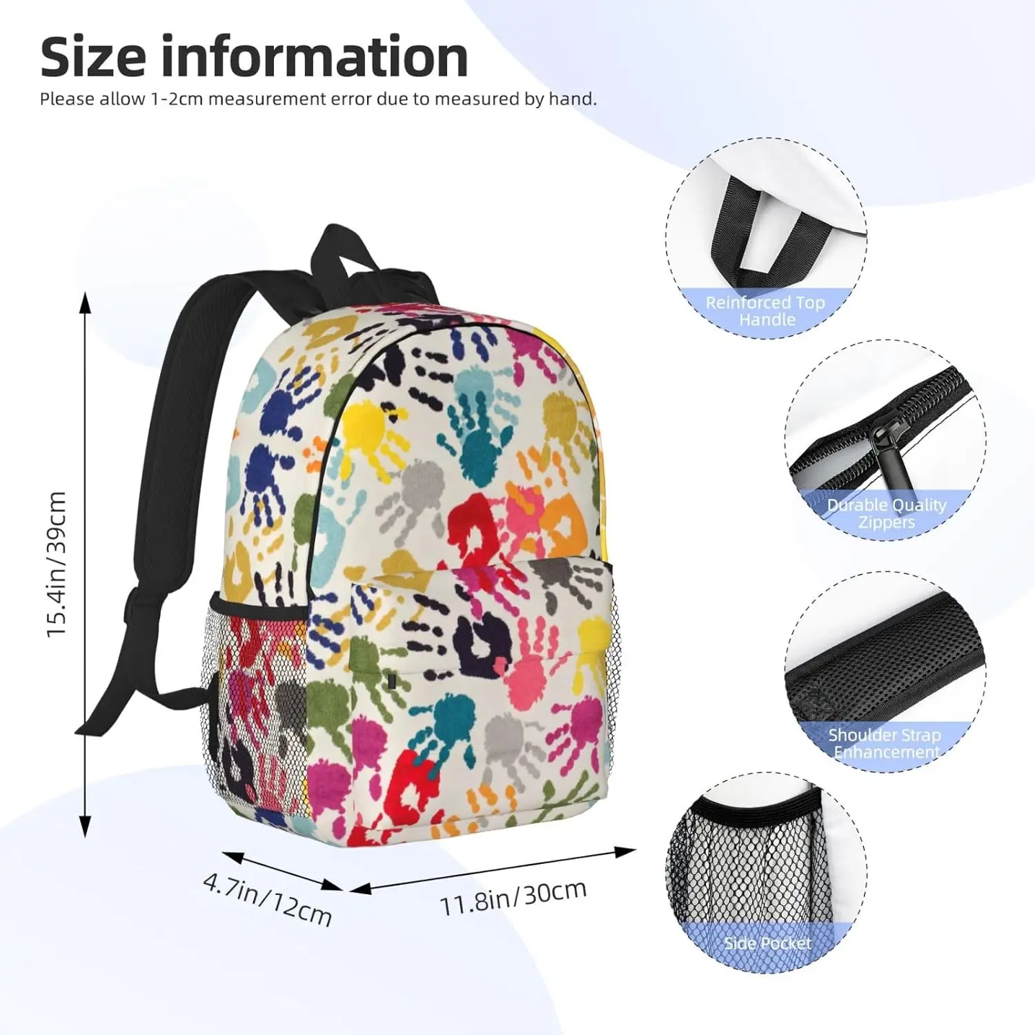 حقيبة ظهر مطبوعة يدويًا للبالغين، حقائب ظهر خفيفة الوزن للمشي لمسافات طويلة والعمل والكمبيوتر المحمول للرجال والنساء