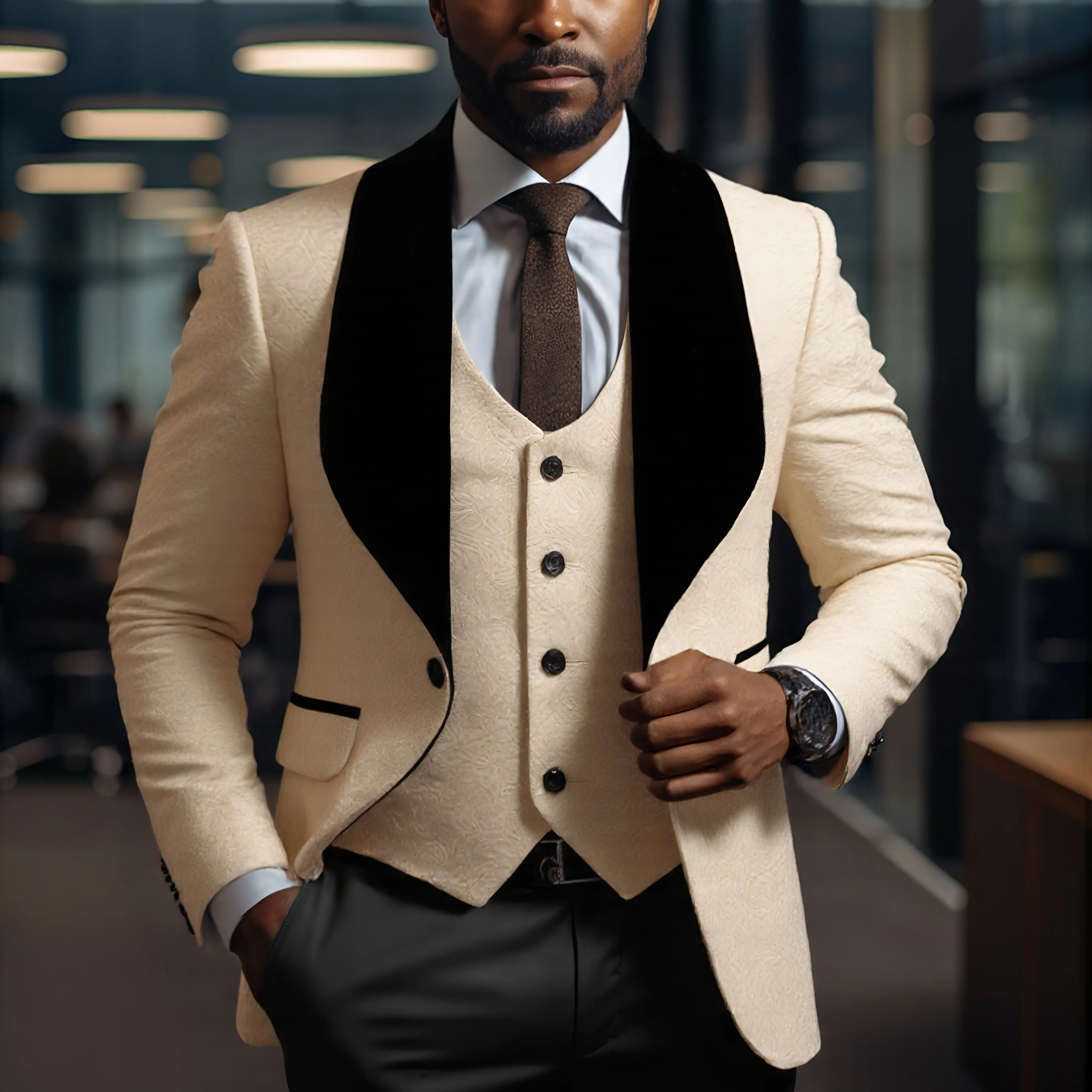 

Mens 3 Piece Floral Tuxedo, Jacquard Slim Suit Set, Paisley Blazer Vest And Pants For Prom Wedding