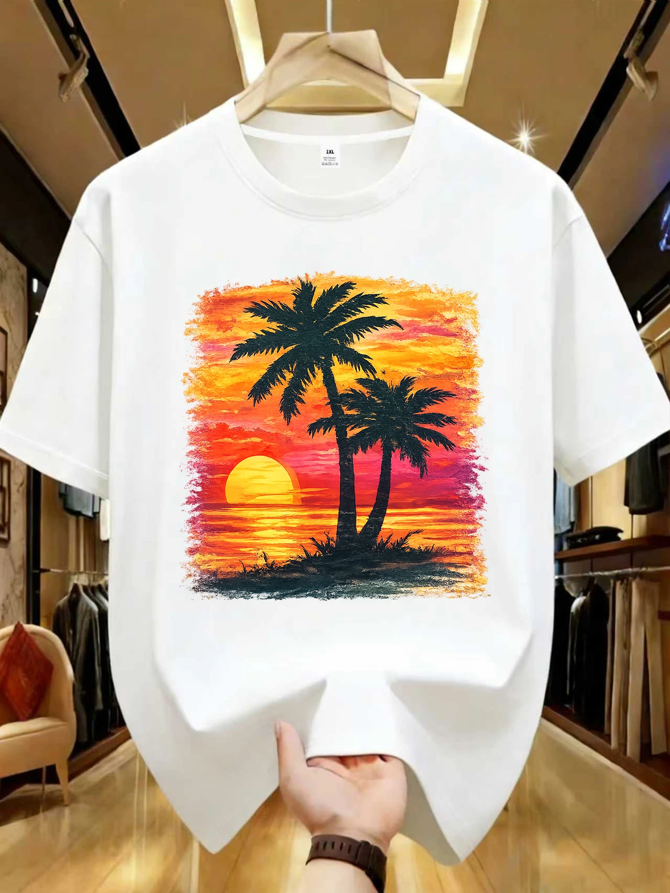 

【WDS01488】 Женская футболка с принтом «Пальма на закате», летняя, повседневная, с коротким рукавом, в уличном стиле, больших размеров