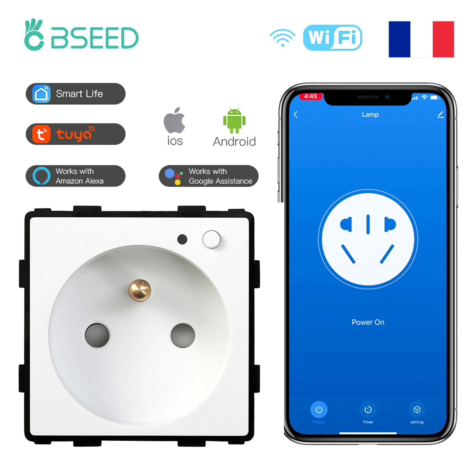 BSEED French Standard Smart Socket Electrical Outlets Without Frame DIY Parts Backlight Tuya Alexa Smart Life App Voice Control