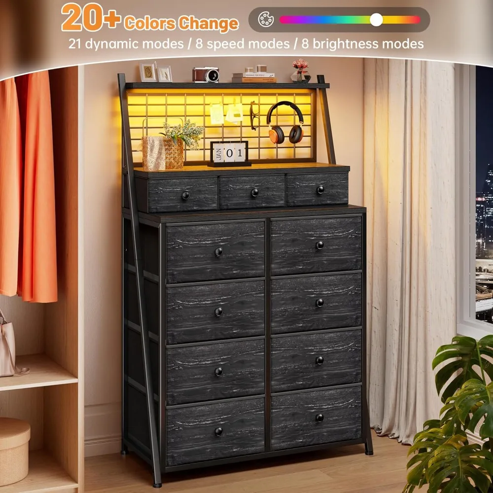 Cômoda alta preta de 51 "h para quarto com 11 gavetas e luzes LED, cômodas e cômodas para quarto, sala de estar, clos