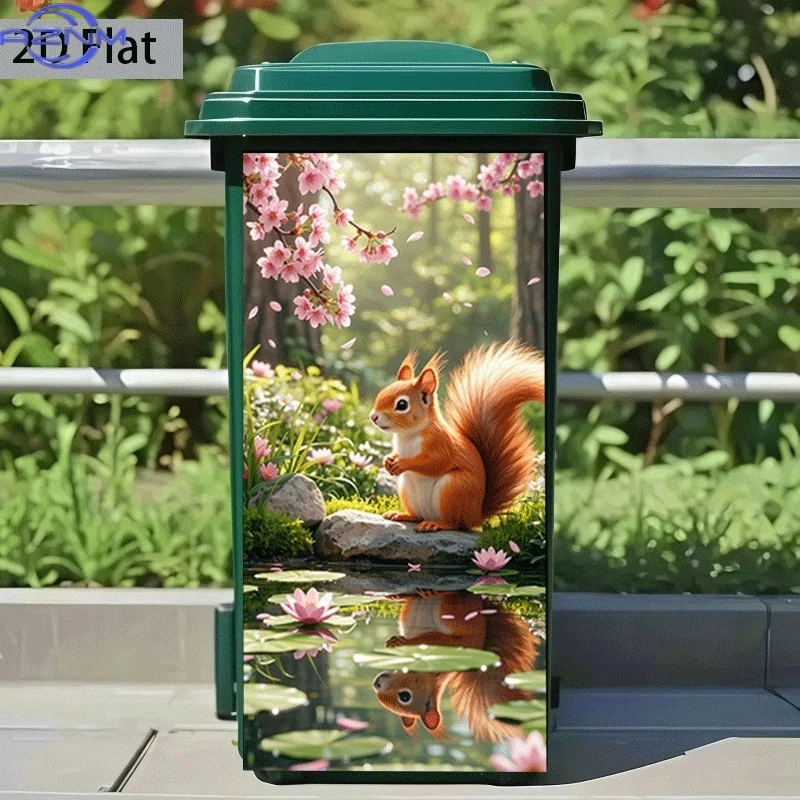 Printing]Trash Can Sticker  X  Cm Spring Creek Squirrel Design Self-Adhesive Wall Decor Kitchen Trash Can Decoration (Suit