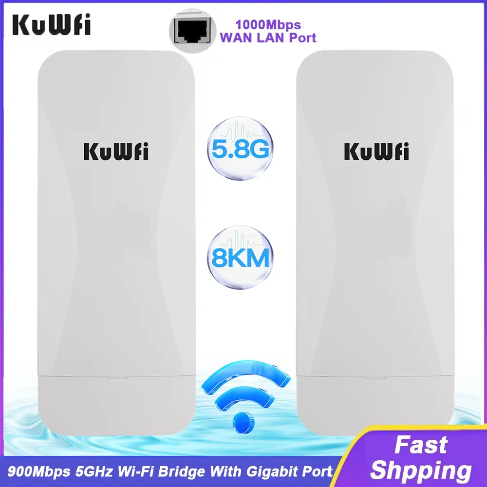 

KuWFi 900Mbps 5GHz CPE Bridge Wireless WiFi Signal Amplifier Built-in 18dBi Panel Antenna AP Repeater PTP Up to 8KM Gigabit Port