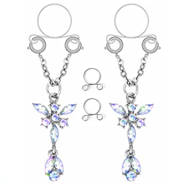 1 Paar sexy Quasten-Kristall-Schmetterlings-Anhänger, gefälschter Nippelring für Frauen und Mädchen, verstellbarer künstlicher Nippel-Piercing-Körperschmuck