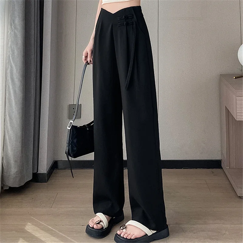 Cotton and Linen Pants for Women 2024 Spring Summer Retro Chinese Style High Waist Full Length Straight Casual Pants Female