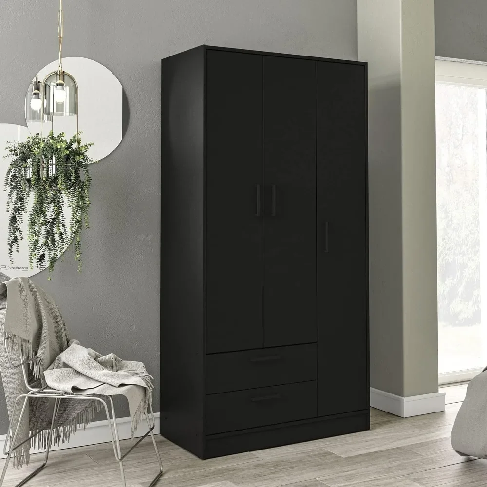 Armoire Wardrobes 3-Doors Wardrobe Wardrobe Bedroom Furniture 2-Drawers (Black) Cabinets CabinetClothing Cupboard Home