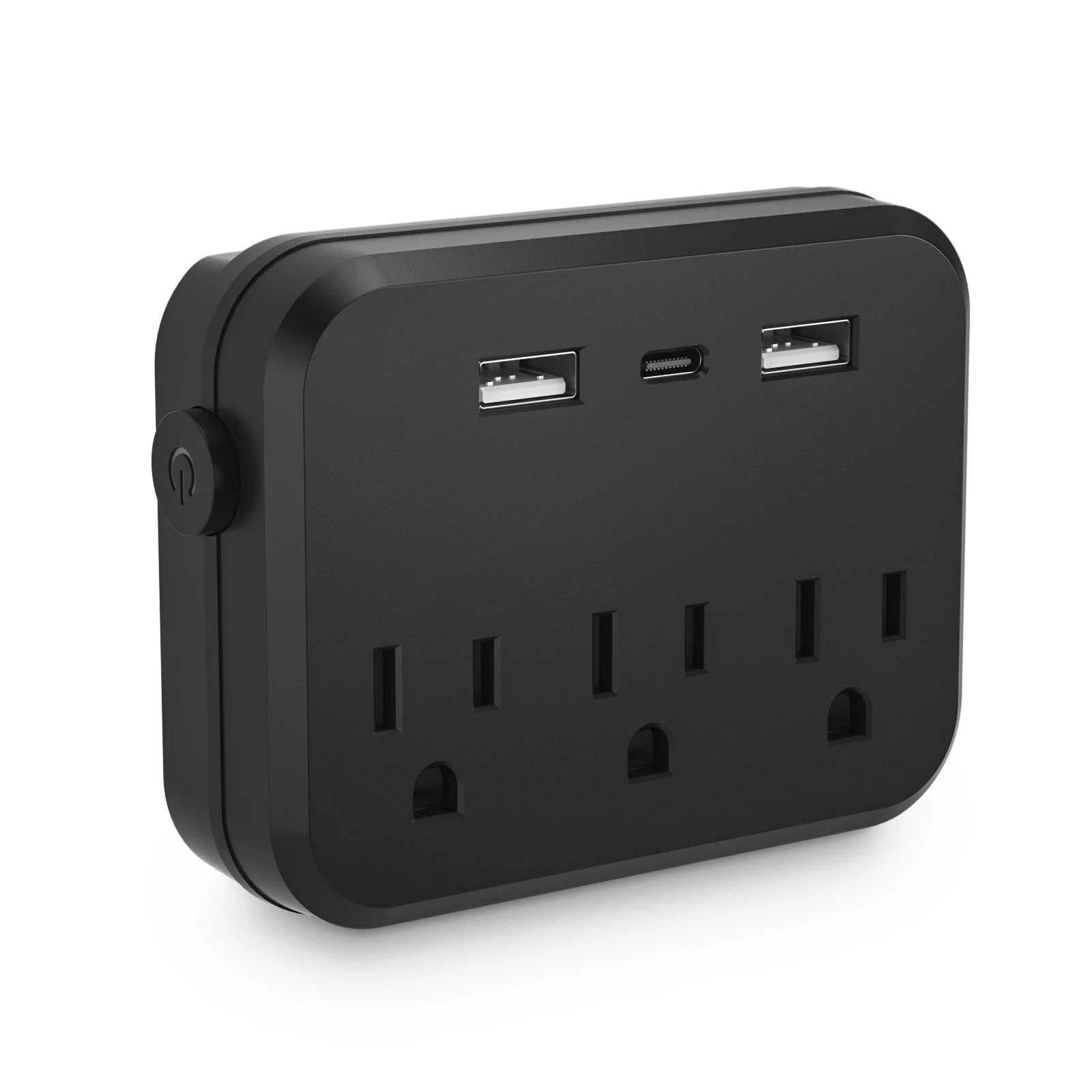 US,Switch with surge protector Mini Portable Power socket 6-in-1 Multifunctional 3 sockets 2 USB ports 1 Type-C ，Black