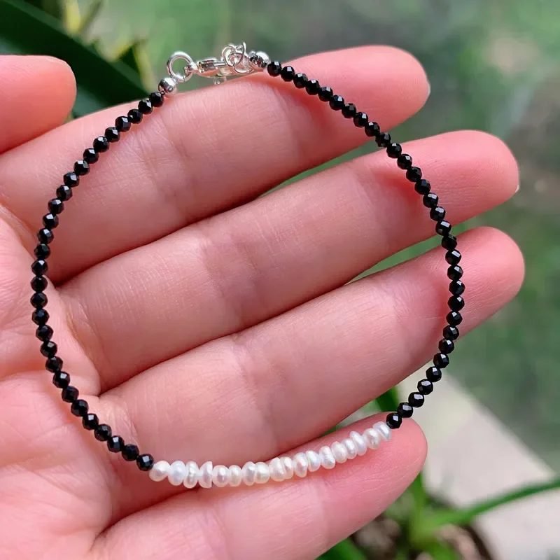 2mm Small Faceted Shining Black Obsidian Stone Bracelet White Baroque Pearl Charm Reiki Healing Jewelry Bracelets for Women