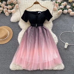 Vintage Folds Patchwork Slash Neck Short Sleeves Belt Dress Casual Women A-LINE Elegant Fashion Spring/Summer Dress