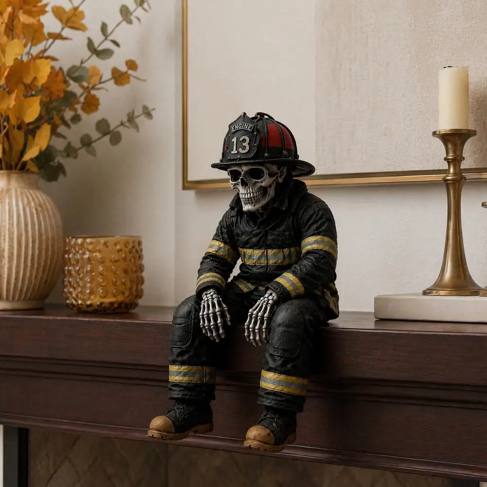 Firefighter Uniform Replica Firefighter Skeleton Shelf Sitter Statue Vintage Resin Figurine with Realistic Gear Dark Desk Decor