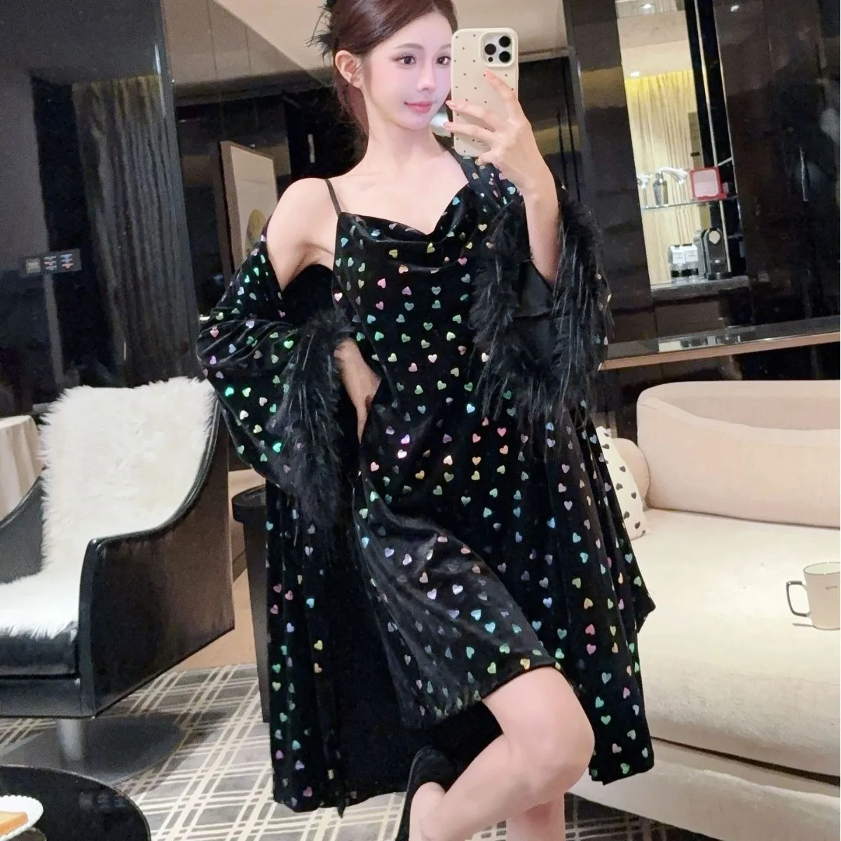 

Sexy Feather Cuff Twinset Robe Set Autumn Winter Velvet Suspender Nightgown Bathrobe Kimono Gown Sleepwear Loose Home Dress