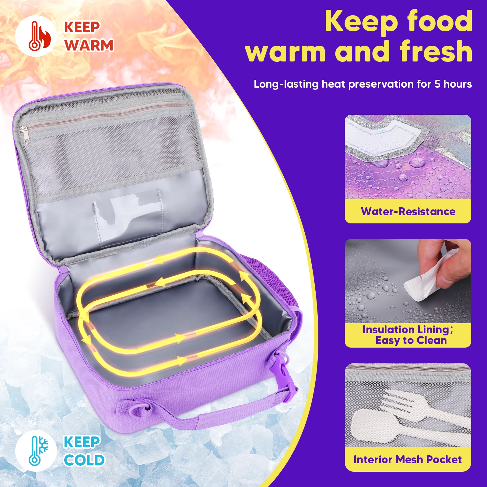 Children's Lunch Bag Waterproof Thermal Food Bag Portable Purple Letter Lunch Bag Set With Box For Students Girls Birthday Gifts