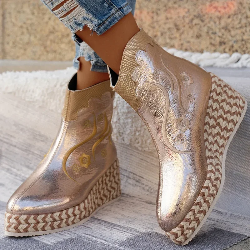 Luxury Fashion Embroidery Women's Ankle Boot Platform Wedge Heels Short Boots For Women Designer Winter Party Shoes Female Shoes