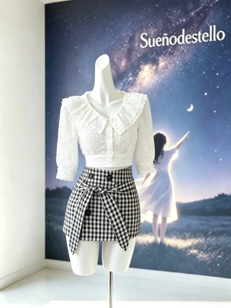 2026 French Elegant 2 Piece Set Women's Summer Suit Lace Collar Crop Top High Waist Plaid Bow Mini Skirt Slim Fit Daily Outfit