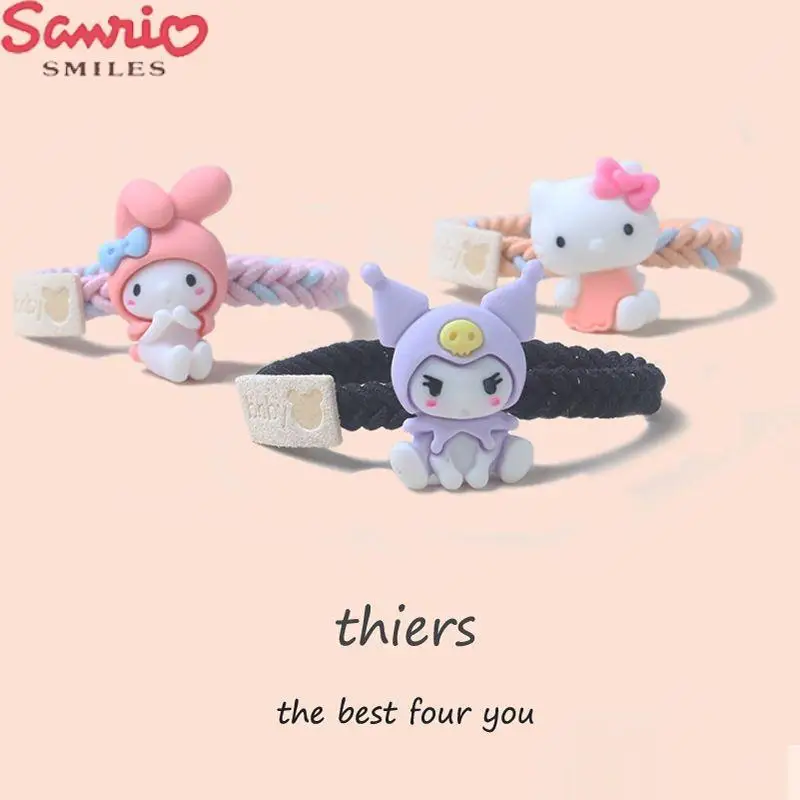 Sanrio New Kawaii Woven Hair Loop Creative Cartoon Kuromi Cinnamoroll Pom Pom Purin Elastic Multifunctional Headrope Bracelet