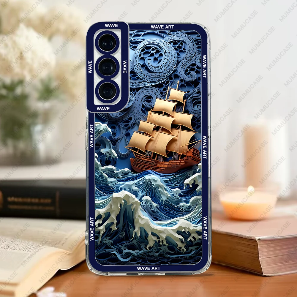 Case For Samsung Galaxy S25 S24 S20 S21 FE S22 S23 Ultra A13 A32 A33 A50 A52 A53 A73 A54 A14 Soft Cover Japanese Wave Art