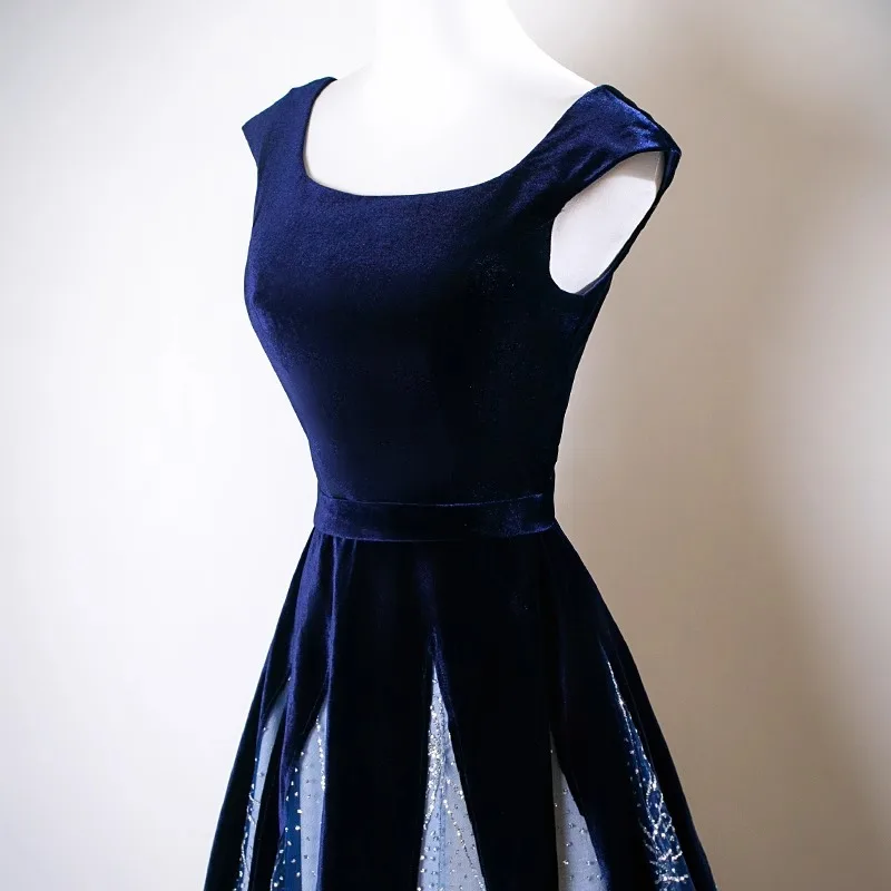 فستان سهرة أنيق برقبة مربعة باللون الأزرق للنساء بألوان متباينة من الدانتيل فساتين حفلات مطرزة على الطراز الفرنسي