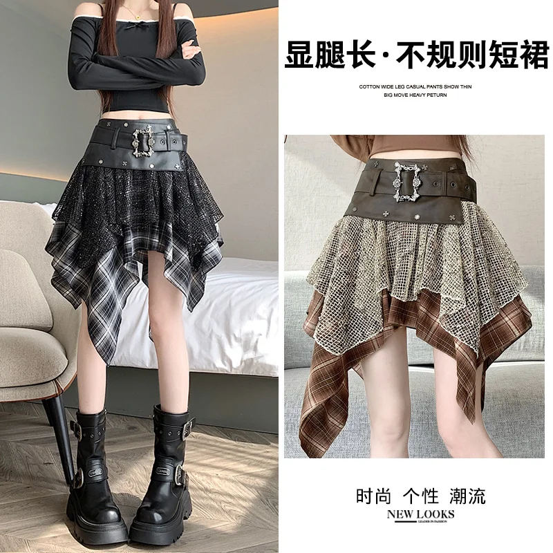 Women Asymmetrical Patchwork Skirt 2026 Vintage Western PU Splice Plaid Mesh Irregular Hem Mini Skirt With Decorative Belt