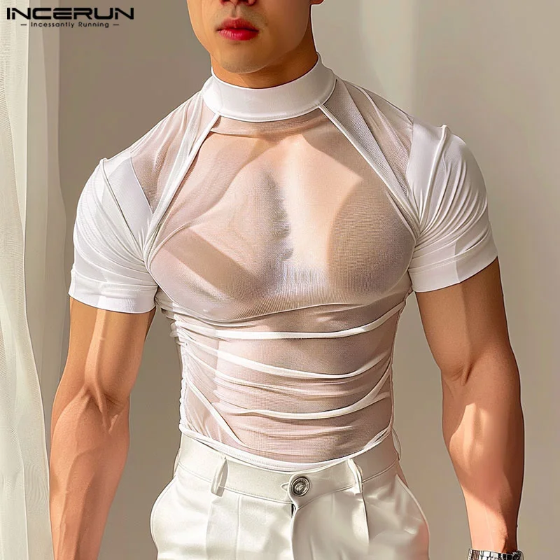 INCERUN Men\'s T Shirt Turtleneck Short Sleeve Mesh Patchwork Transparent Tee Tops Streetwear Summer 2024 Fashion Men Clothing