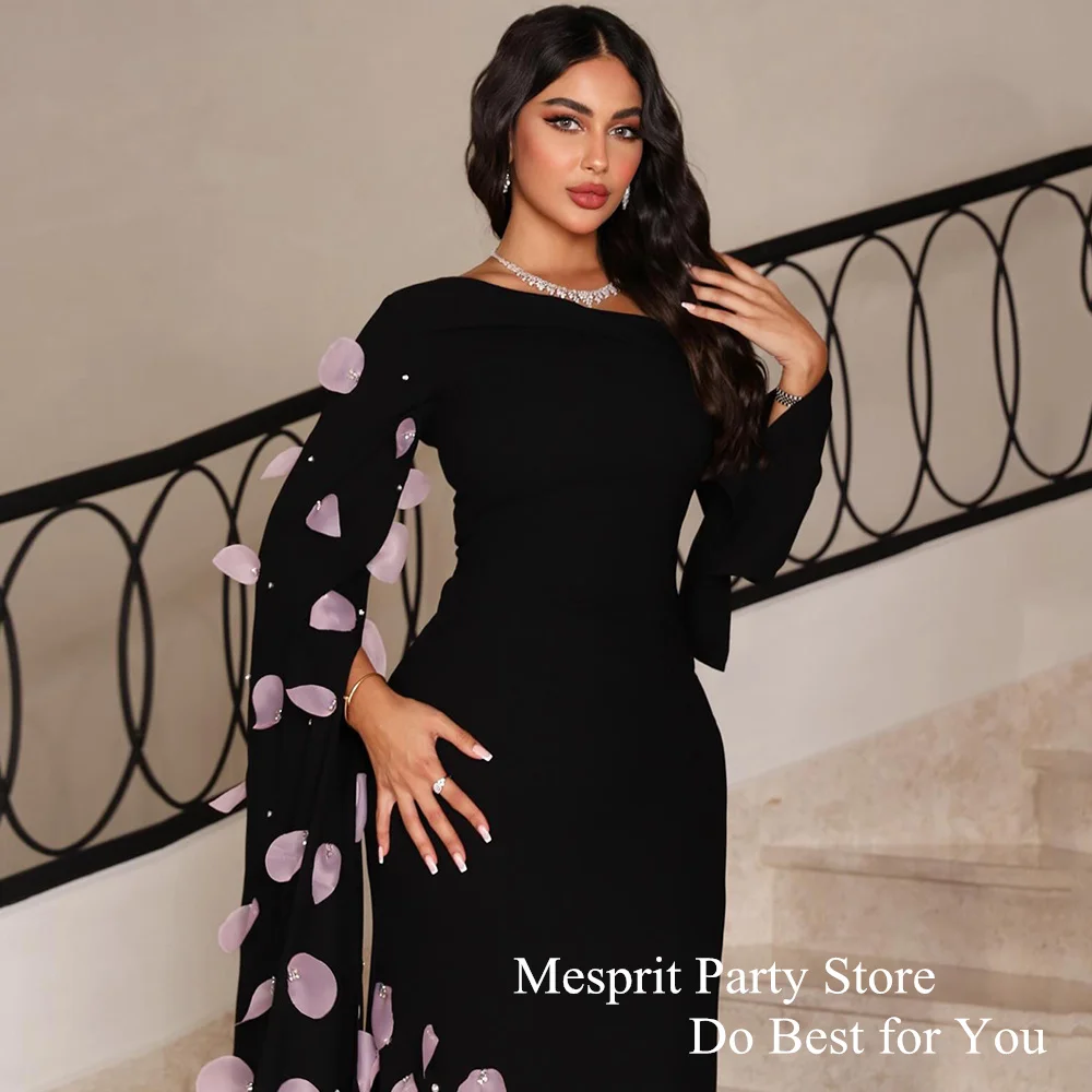 Elegant Black Evening Dress with Pink Floral Petals Beading Mermaid Party Dresses Ankle Length Long Sleeves Saud Prom Gown