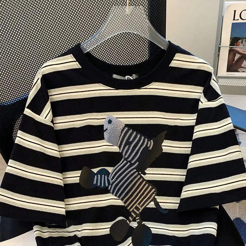 Pure Cotton Embroidered Striped Short-sleeved T-shirt for Women's New American Hiphop Retro Age-reducing Half-sleeved Loose Top