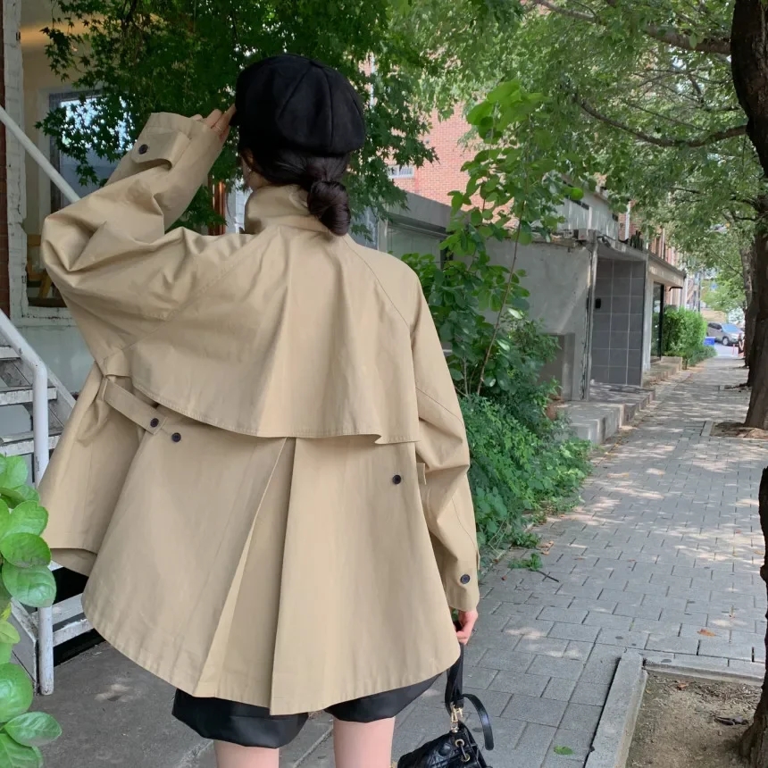 

2025Autumn retro loose long sve simple stand collar solid color women's windbreaker long loose women's casual coat